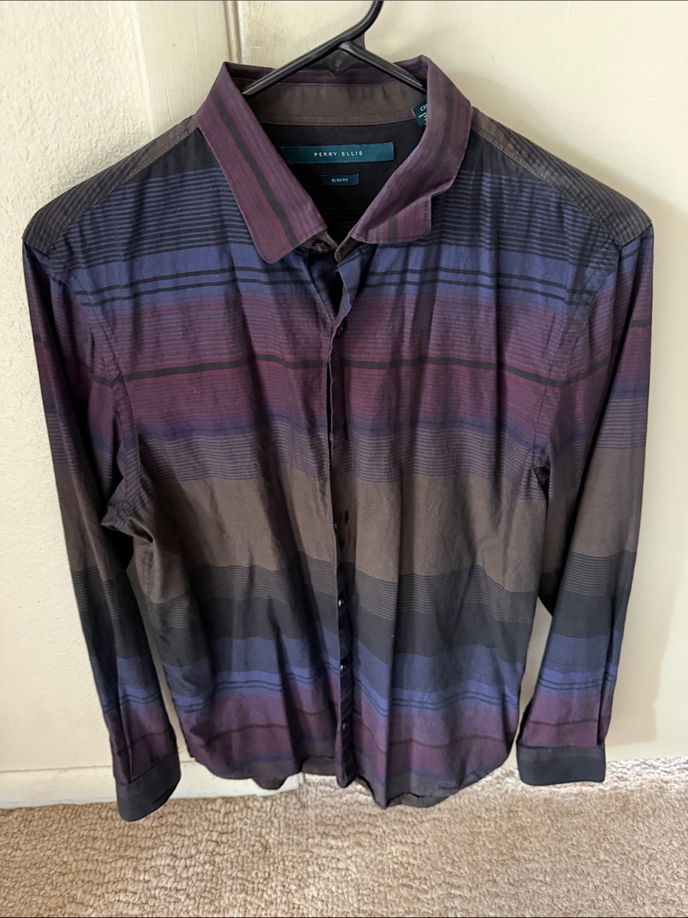 Perry Ellis Men’s Striped Button-Up Shirt in Plum and Blue